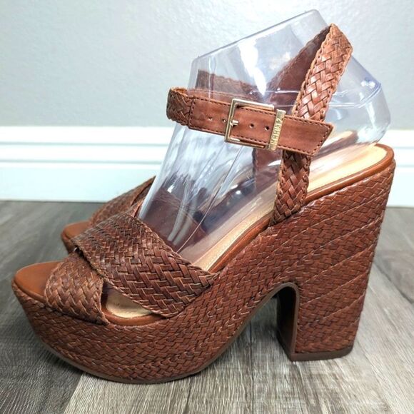 Schutz Brown Tan braid woven leather platform open toe sandal heels womens 9 - Picture 4 of 8